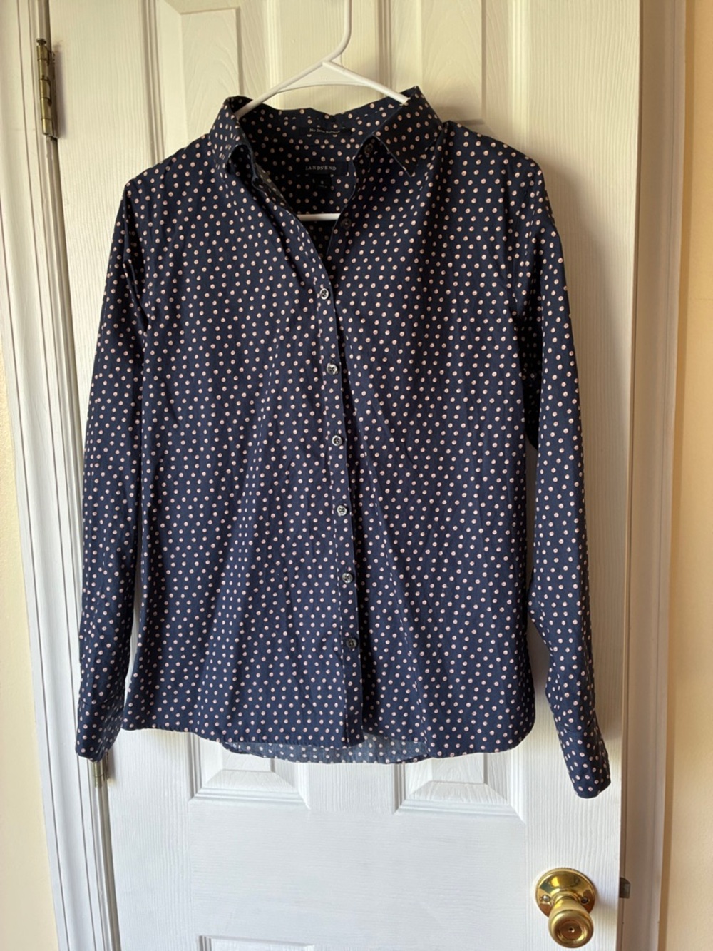 Lands' End Navy Shirt with Pink Polka Dots